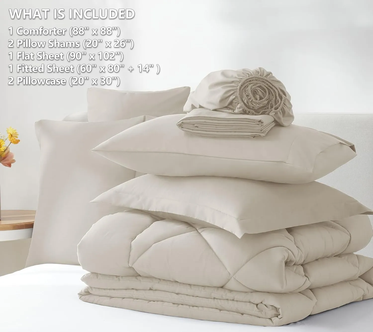 CozyLux Queen Comforter Set Beige - Bed in a Bag Queen Size 7 Pieces, Luxury Soft Bed Set for All Seasons, Bedding Set with Down Alternative Comforter, Sheets, Pillowcases & Shams