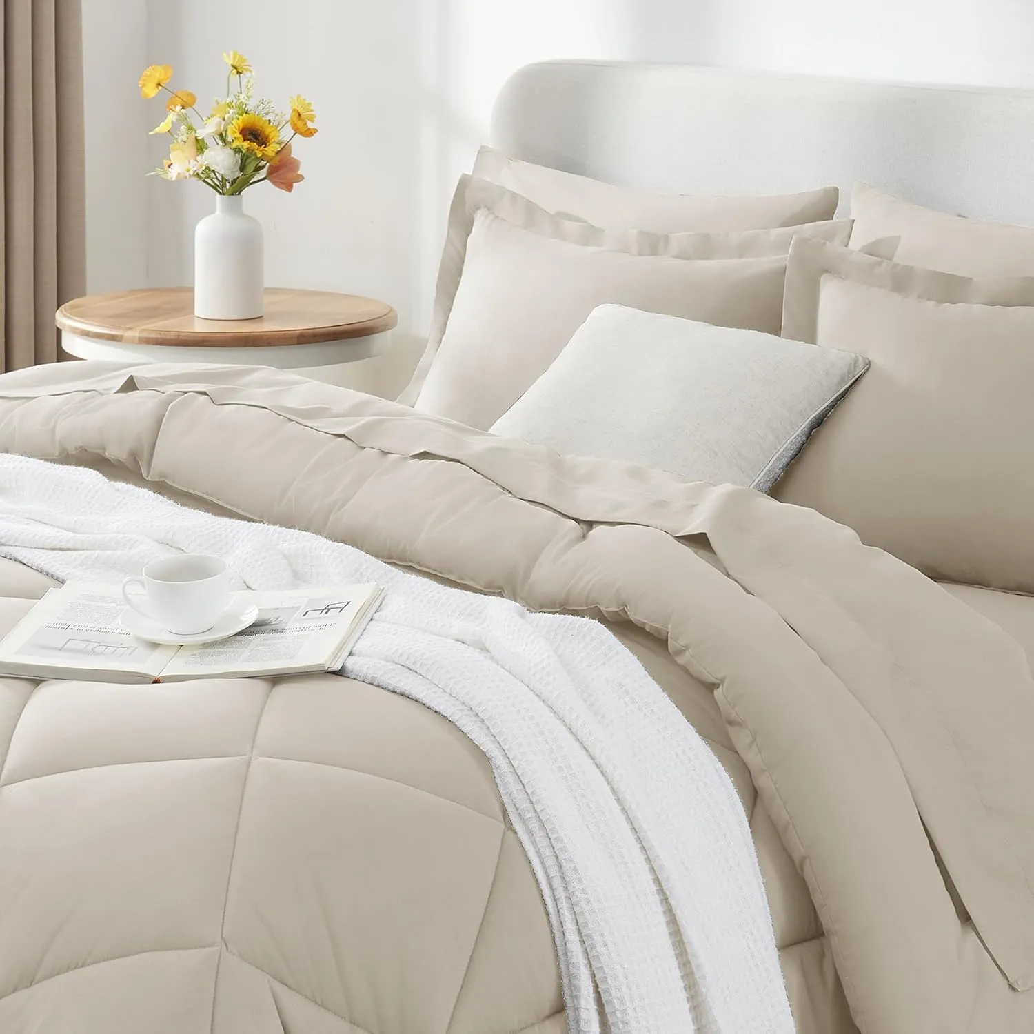 CozyLux Queen Comforter Set Beige - Bed in a Bag Queen Size 7 Pieces, Luxury Soft Bed Set for All Seasons, Bedding Set with Down Alternative Comforter, Sheets, Pillowcases & Shams
