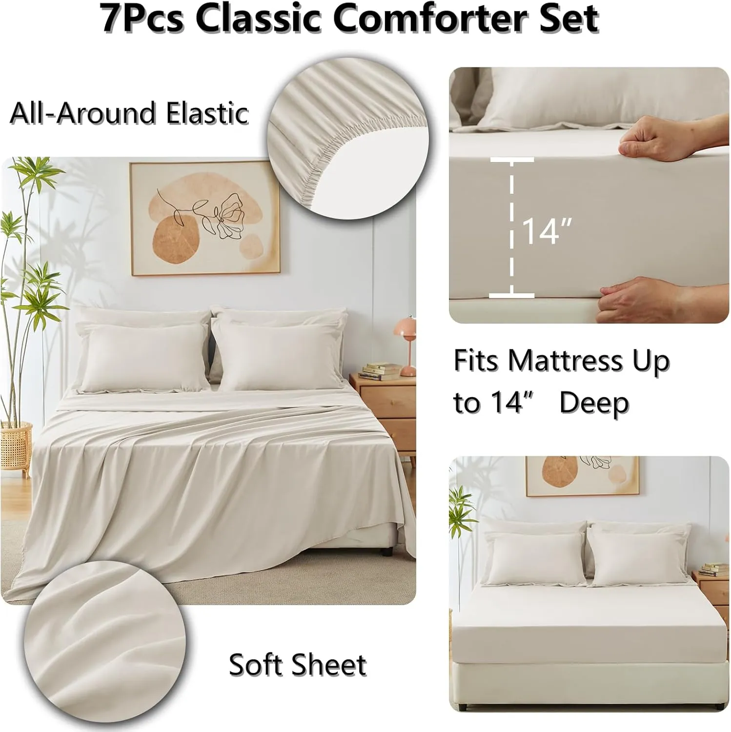 CozyLux Queen Comforter Set Beige - Bed in a Bag Queen Size 7 Pieces, Luxury Soft Bed Set for All Seasons, Bedding Set with Down Alternative Comforter, Sheets, Pillowcases & Shams