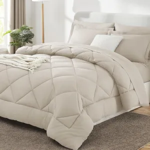 CozyLux Queen Comforter Set Beige - Bed in a Bag Queen Size 7 Pieces, Luxury Soft Bed Set for All Seasons, Bedding Set with Down Alternative Comforter, Sheets, Pillowcases & Shams