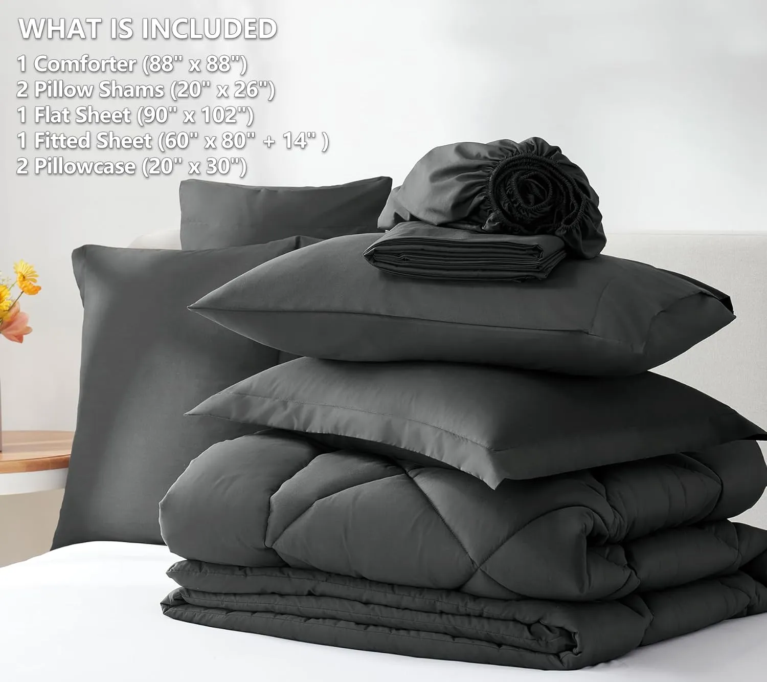 CozyLux Queen Comforter Set Dark Grey - Bed in a Bag Queen Size 7 Pieces, Luxury Soft Bed Set for All Seasons, Bedding Set with Down Alternative Comforter, Sheets, Pillowcases & Shams