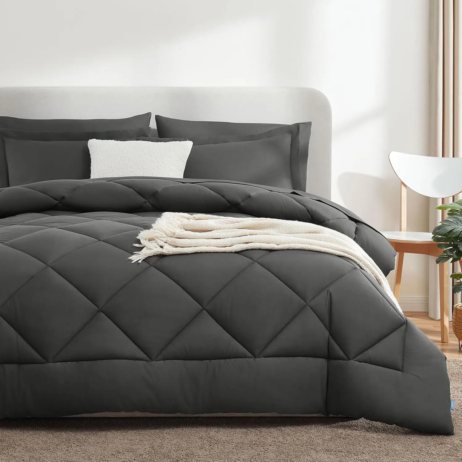 CozyLux Queen Comforter Set Dark Grey - Bed in a Bag Queen Size 7 Pieces, Luxury Soft Bed Set for All Seasons, Bedding Set with Down Alternative Comforter, Sheets, Pillowcases & Shams