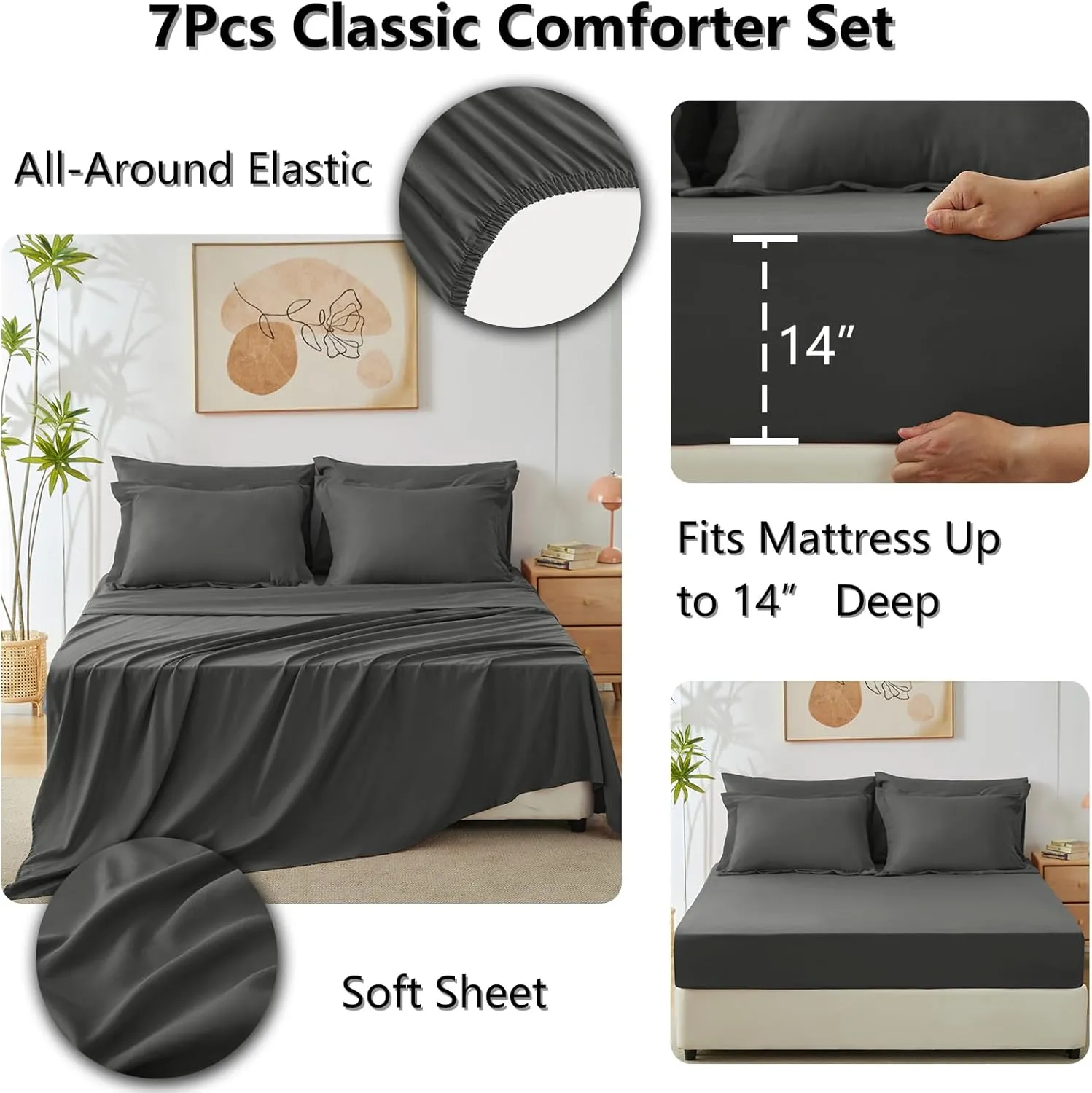 CozyLux Queen Comforter Set Dark Grey - Bed in a Bag Queen Size 7 Pieces, Luxury Soft Bed Set for All Seasons, Bedding Set with Down Alternative Comforter, Sheets, Pillowcases & Shams