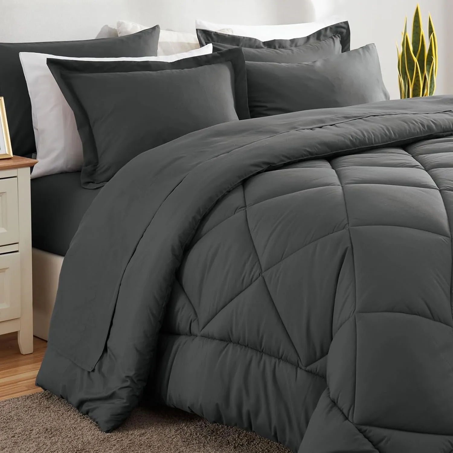 CozyLux Queen Comforter Set Dark Grey - Bed in a Bag Queen Size 7 Pieces, Luxury Soft Bed Set for All Seasons, Bedding Set with Down Alternative Comforter, Sheets, Pillowcases & Shams