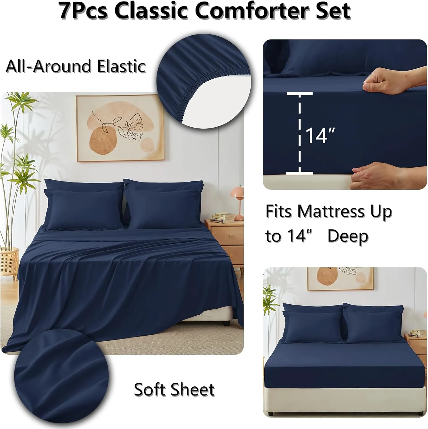 CozyLux Queen Comforter Set Navy Blue - Bed in a Bag Queen Size 7 Pieces, Luxury Soft Bed Set for All Seasons, Bedding Set with Down Alternative Comforter, Sheets, Pillowcases & Shams