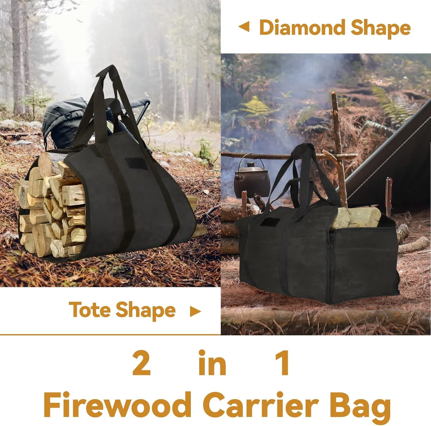 Cupohus Extra Large 2in1 Firewood Carrier Waxed Canvas Bag 44”x23”, Heavy Duty Log Holder Tote Bag with Handles and Shoulder Strap for Indoor Fireplace Wood Stove Accessories, Outdoor Camping (Black)