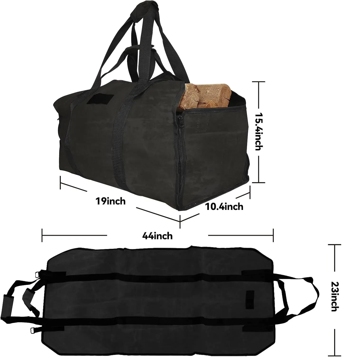 Cupohus Extra Large 2in1 Firewood Carrier Waxed Canvas Bag 44”x23”, Heavy Duty Log Holder Tote Bag with Handles and Shoulder Strap for Indoor Fireplace Wood Stove Accessories, Outdoor Camping (Black)