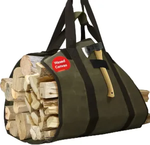 Cupohus Extra Large 2in1 Firewood Carrier Waxed Canvas Bag 44”x23”, Heavy Duty Log Holder Tote Bag with Handles and Shoulder Strap for Indoor Fireplace Wood Stove Accessories, Outdoor Camping (Green)