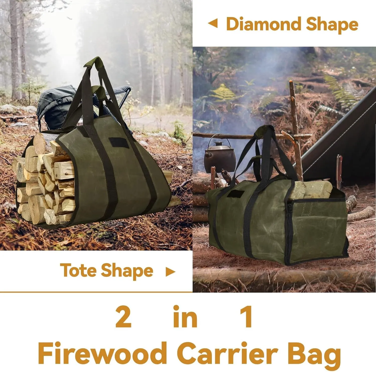Cupohus Extra Large 2in1 Firewood Carrier Waxed Canvas Bag 44”x23”, Heavy Duty Log Holder Tote Bag with Handles and Shoulder Strap for Indoor Fireplace Wood Stove Accessories, Outdoor Camping (Green)