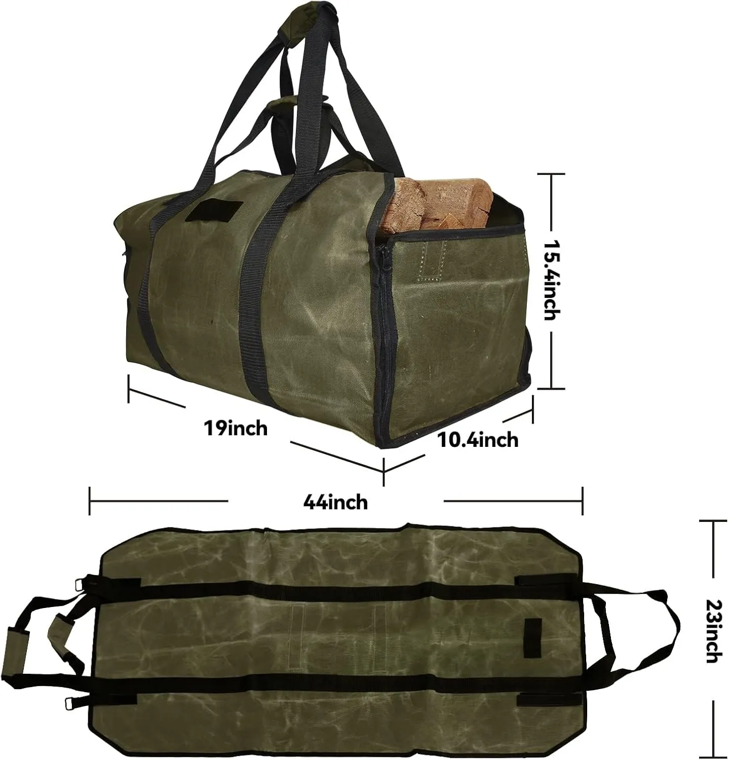 Cupohus Extra Large 2in1 Firewood Carrier Waxed Canvas Bag 44”x23”, Heavy Duty Log Holder Tote Bag with Handles and Shoulder Strap for Indoor Fireplace Wood Stove Accessories, Outdoor Camping (Green)