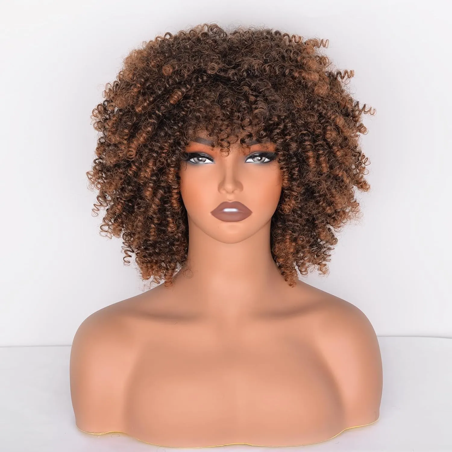 Curly Afro Wig kinky Curly Synthetic Hair Wig With Bangs about 230g/Piece Full Machine Made Scalp Top 10 Inches Cosplay Curly Wigs for Women (Black to Brown)