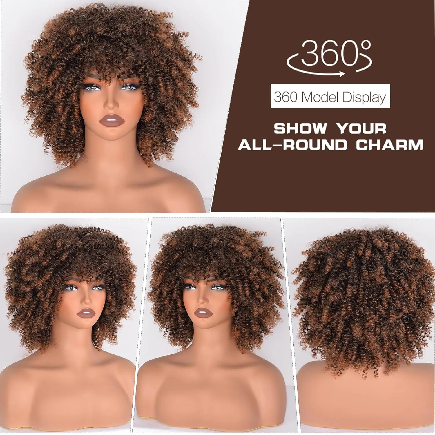 Curly Afro Wig kinky Curly Synthetic Hair Wig With Bangs about 230g/Piece Full Machine Made Scalp Top 10 Inches Cosplay Curly Wigs for Women (Black to Brown)