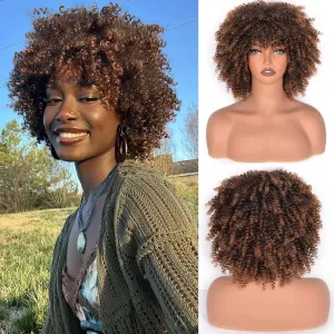 Curly Afro Wig kinky Curly Synthetic Hair Wig With Bangs about 230g/Piece Full Machine Made Scalp Top 10 Inches Cosplay Curly Wigs for Women (Black to Brown)