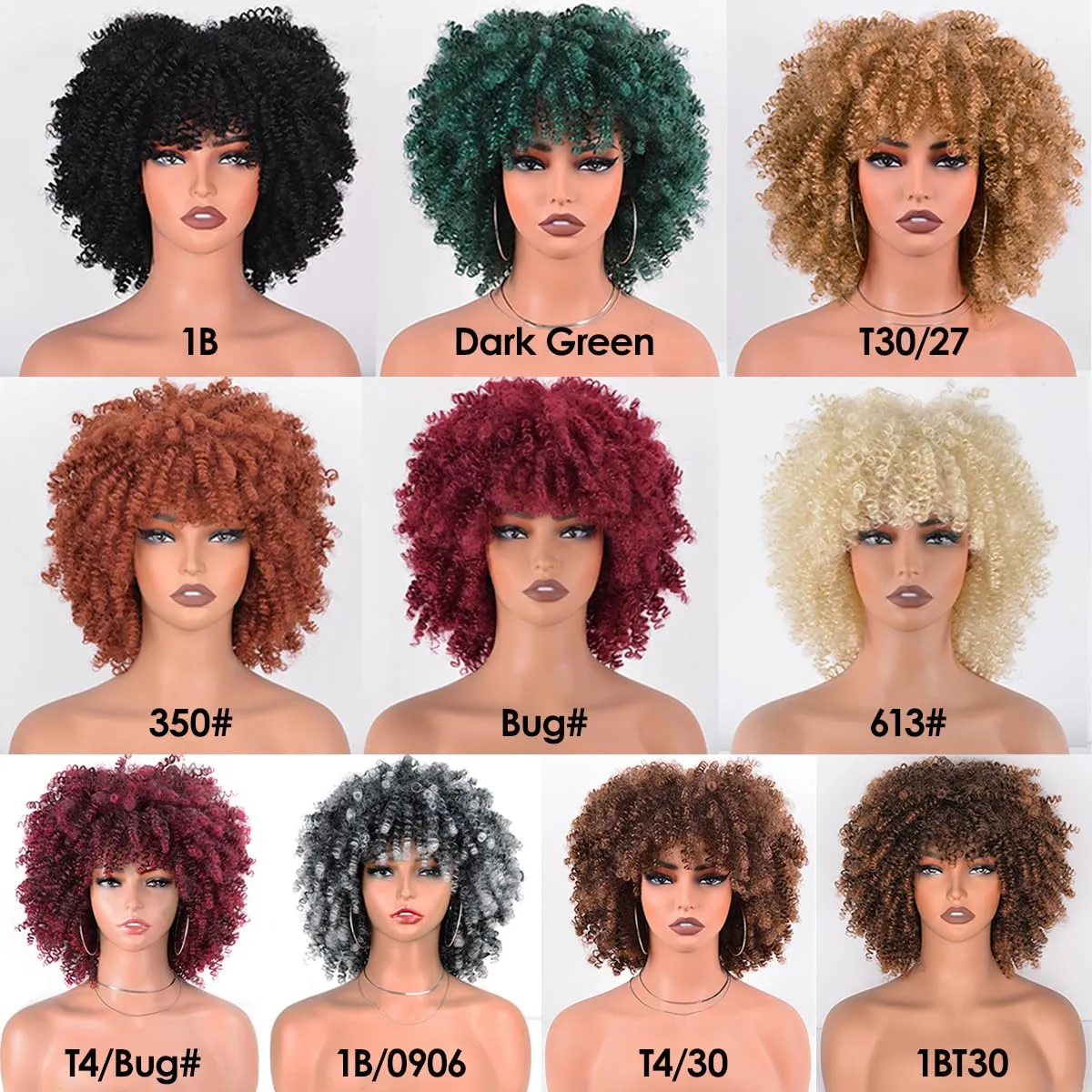 Curly Afro Wig kinky Curly Synthetic Hair Wig With Bangs about 230g/Piece Full Machine Made Scalp Top 10 Inches Cosplay Curly Wigs for Women (Black to Brown)