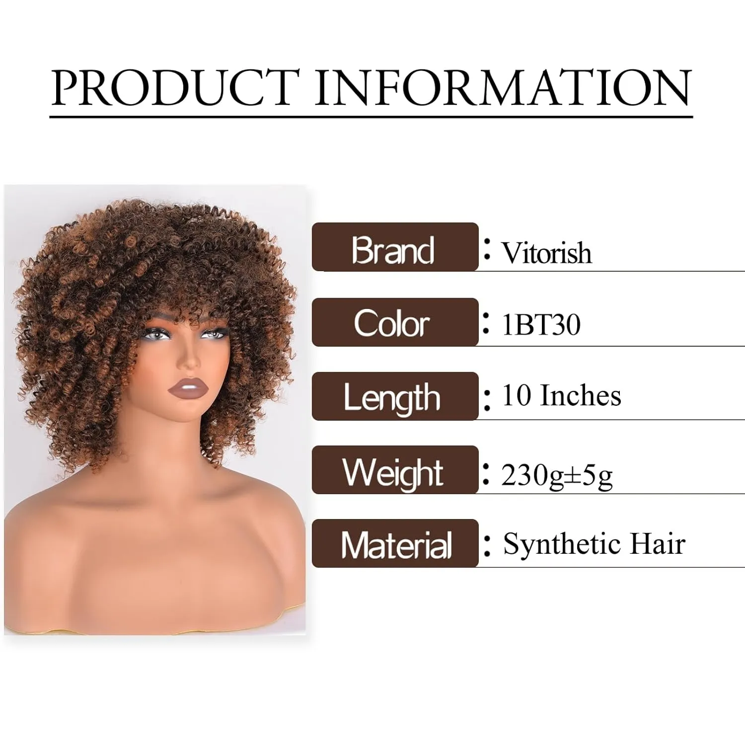 Curly Afro Wig kinky Curly Synthetic Hair Wig With Bangs about 230g/Piece Full Machine Made Scalp Top 10 Inches Cosplay Curly Wigs for Women (Black to Brown)