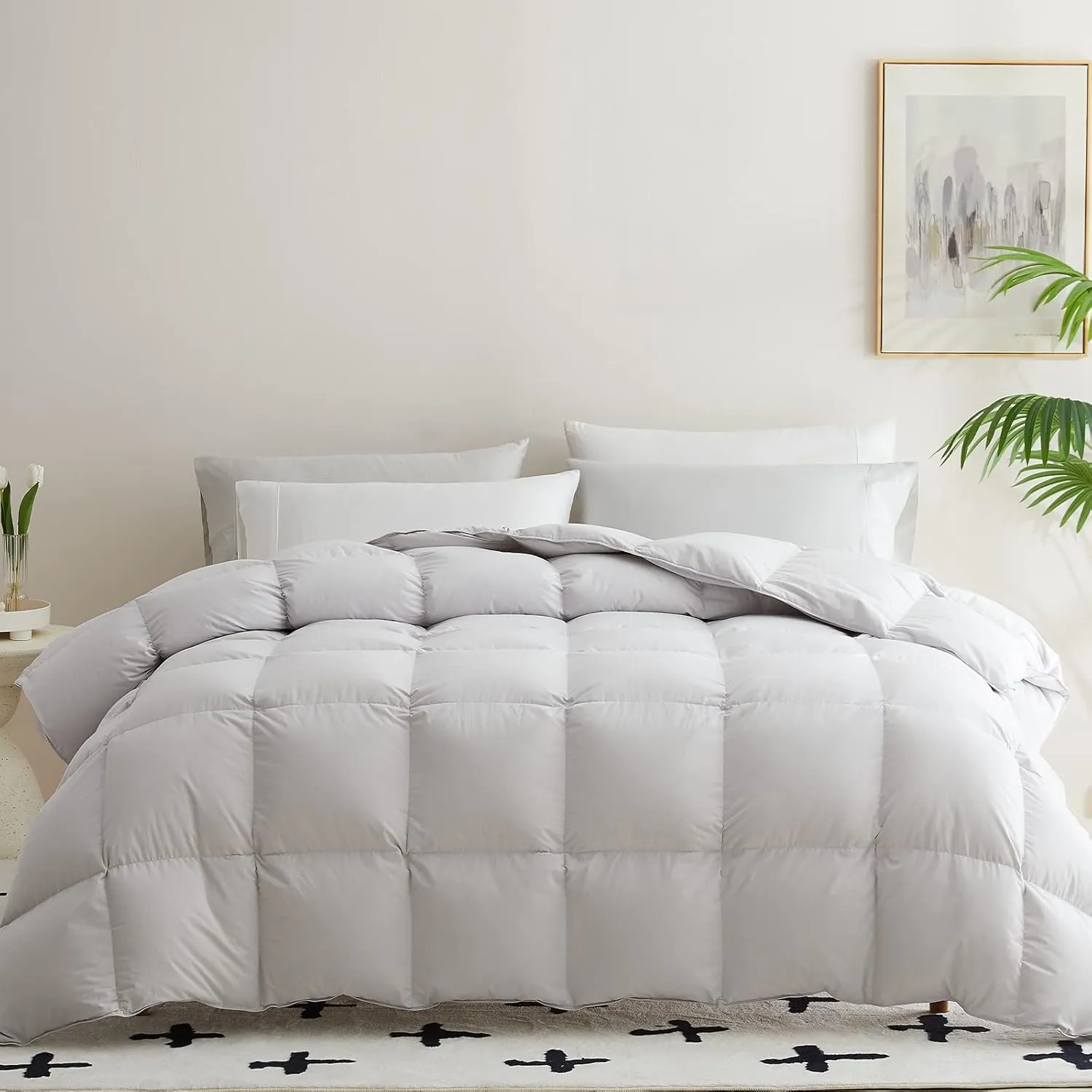 CYMULA Goose Feather Down Comforter Queen Size, Medium Warm Down Duvet Insert, Fluffy Bedding 56 Oz Down Filled with 8 Corner Tabs,Machine Washable Grey Solid Comforter for All Seasons (90X90)