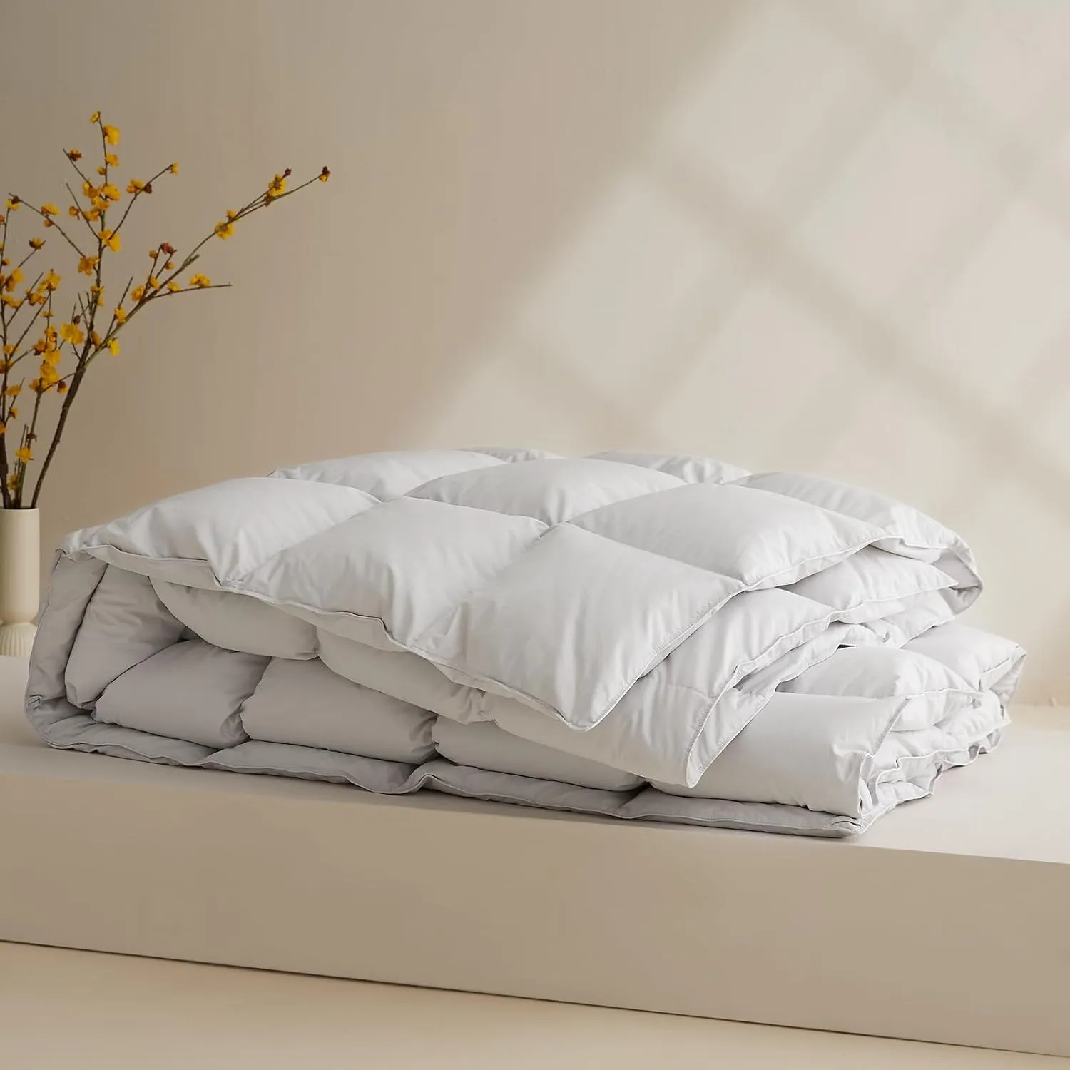 CYMULA Goose Feather Down Comforter Queen Size, Medium Warm Down Duvet Insert, Fluffy Bedding 56 Oz Down Filled with 8 Corner Tabs,Machine Washable Grey Solid Comforter for All Seasons (90X90)