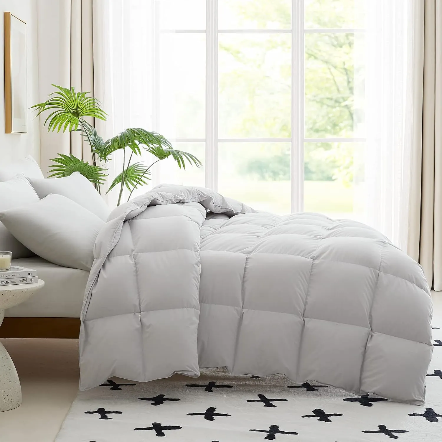 CYMULA Goose Feather Down Comforter Queen Size, Medium Warm Down Duvet Insert, Fluffy Bedding 56 Oz Down Filled with 8 Corner Tabs,Machine Washable Grey Solid Comforter for All Seasons (90X90)