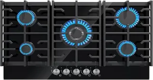 Davivy 34 Inch 5 Burner Built In Cooktop, All Black Tempered Glass Surface Gas Stove Top, 36004 BTU Dual Fuel NG/LPG Convertible, Easy Installation Cooktop withThermocouple Protection, CSA Certified