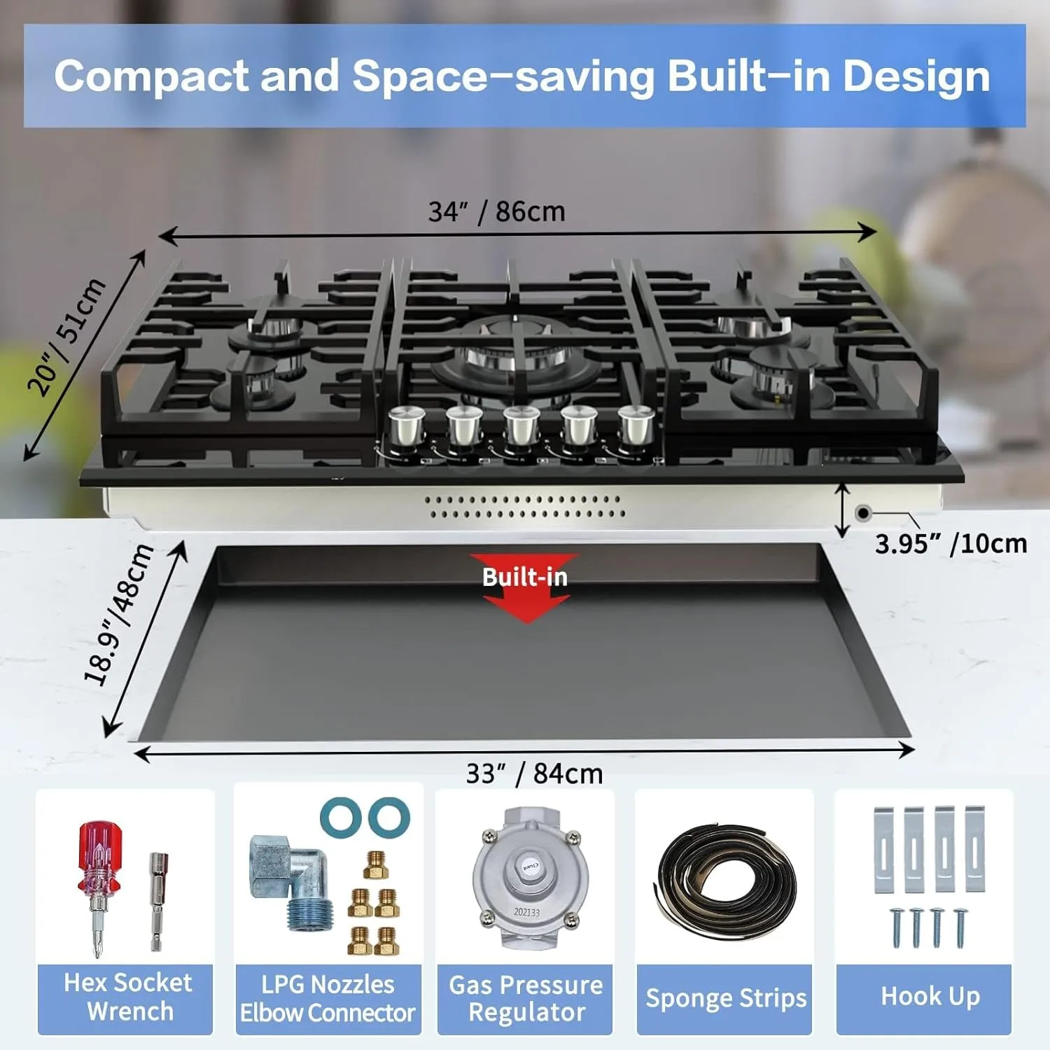 Davivy 34 inch Gas Cooktop,5 Burner Gas Stove Top,Built in All Black Tempered Glass Surface Gas Cooktop - NG/LPG Convertible,Dual Fuel,Thermocouple Protection,CSA Certified,36004 BTU,Easy Installation