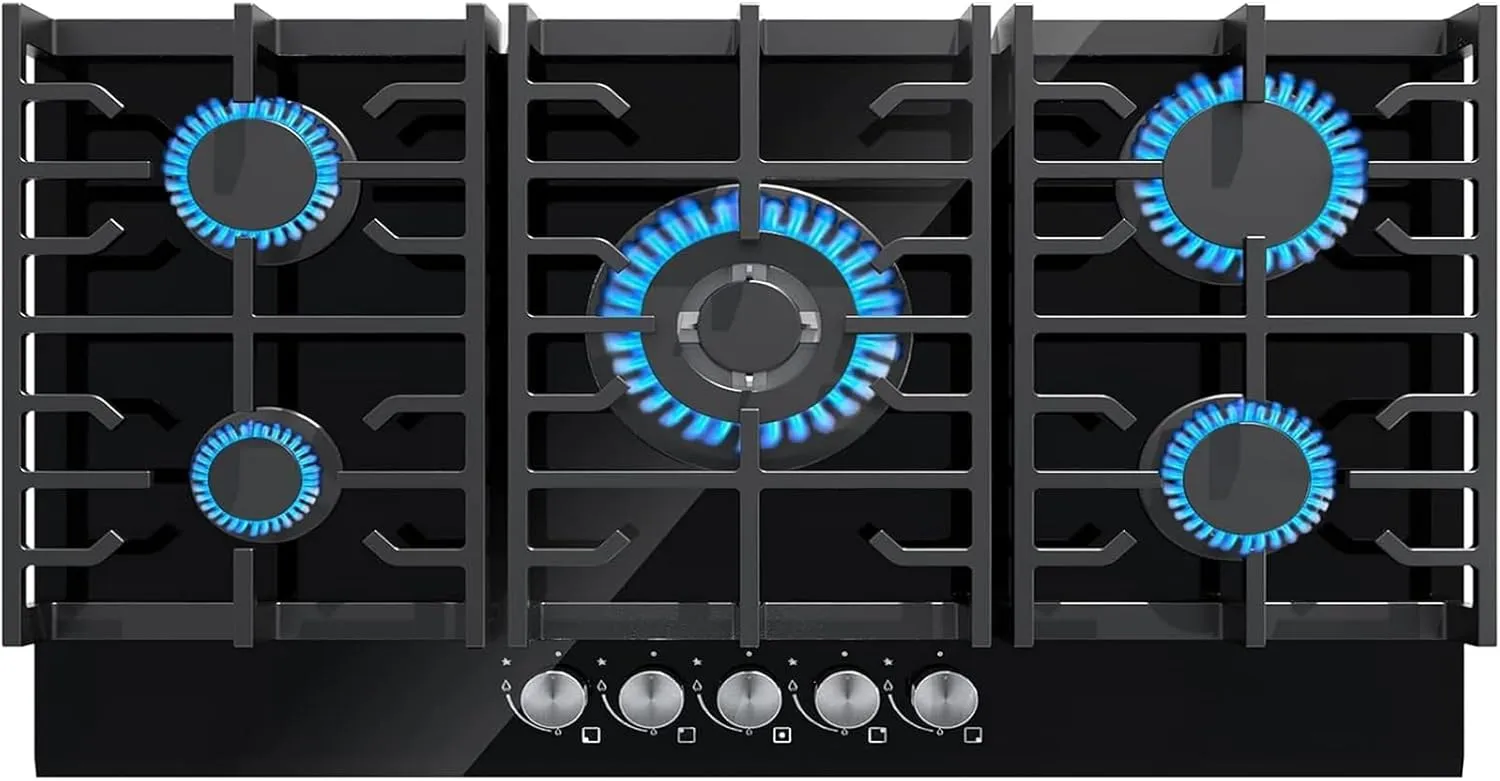 Davivy 34 inch Gas Cooktop,5 Burner Gas Stove Top,Built in All Black Tempered Glass Surface Gas Cooktop - NG/LPG Convertible,Dual Fuel,Thermocouple Protection,CSA Certified,36004 BTU,Easy Installation