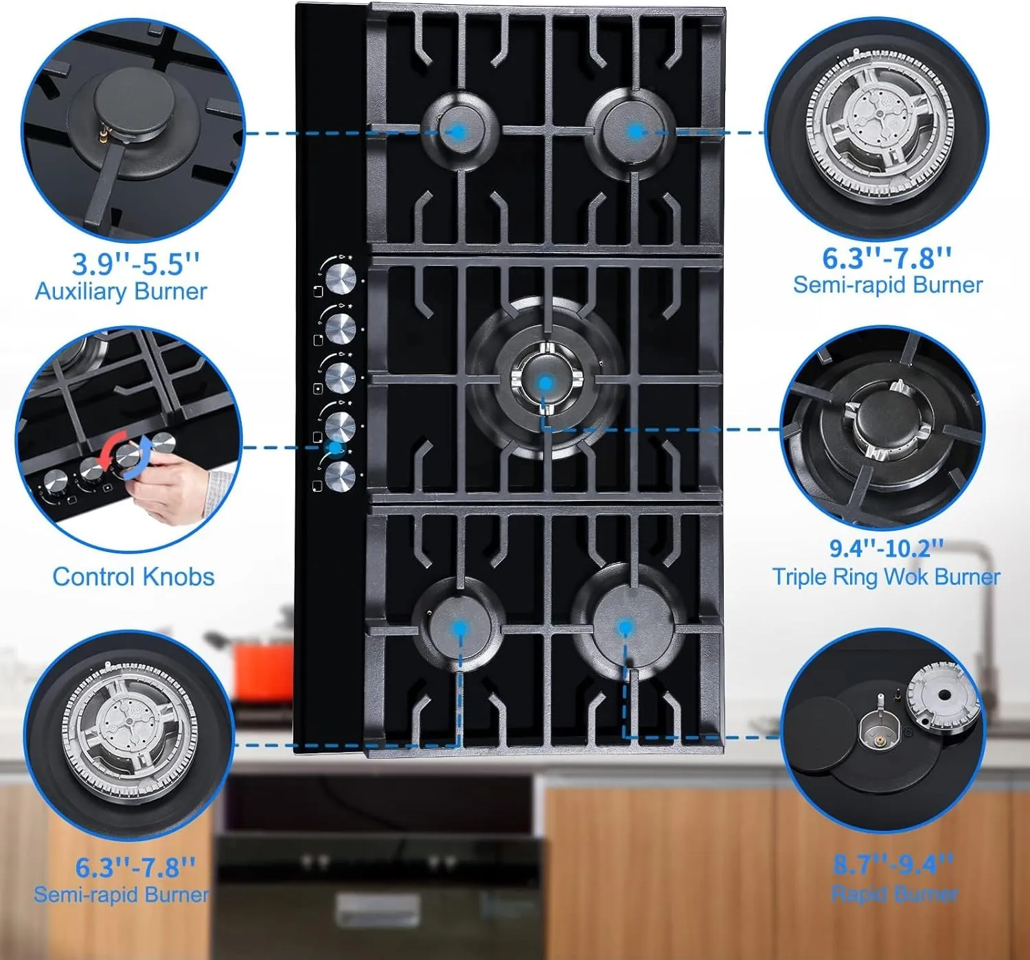 Davivy 34 inch Gas Cooktop,5 Burner Gas Stove Top,Built in All Black Tempered Glass Surface Gas Cooktop - NG/LPG Convertible,Dual Fuel,Thermocouple Protection,CSA Certified,36004 BTU,Easy Installation