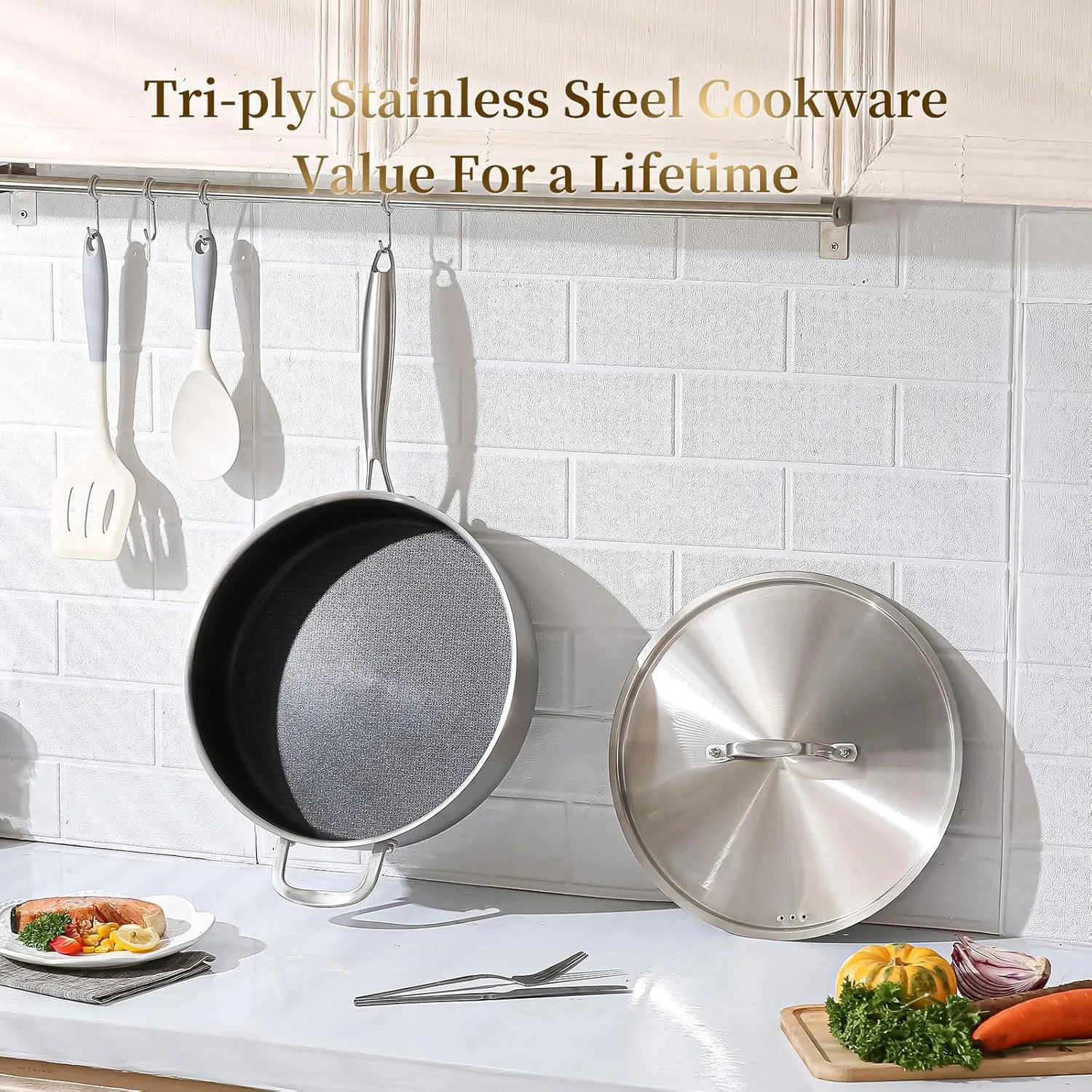 DELARLO 7 Quarts Saute Pan Tri-Ply Stainless Steel,Large Deep Frying Pan 12Inch with Lid, Jumbo Cooker Skillet With Lid,Heavy Duty Style Compatible With All Cooktops Up to 650℉