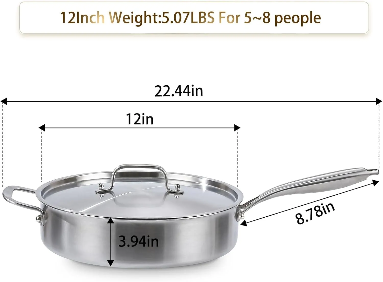 DELARLO 7 Quarts Saute Pan Tri-Ply Stainless Steel,Large Deep Frying Pan 12Inch with Lid, Jumbo Cooker Skillet With Lid,Heavy Duty Style Compatible With All Cooktops Up to 650℉