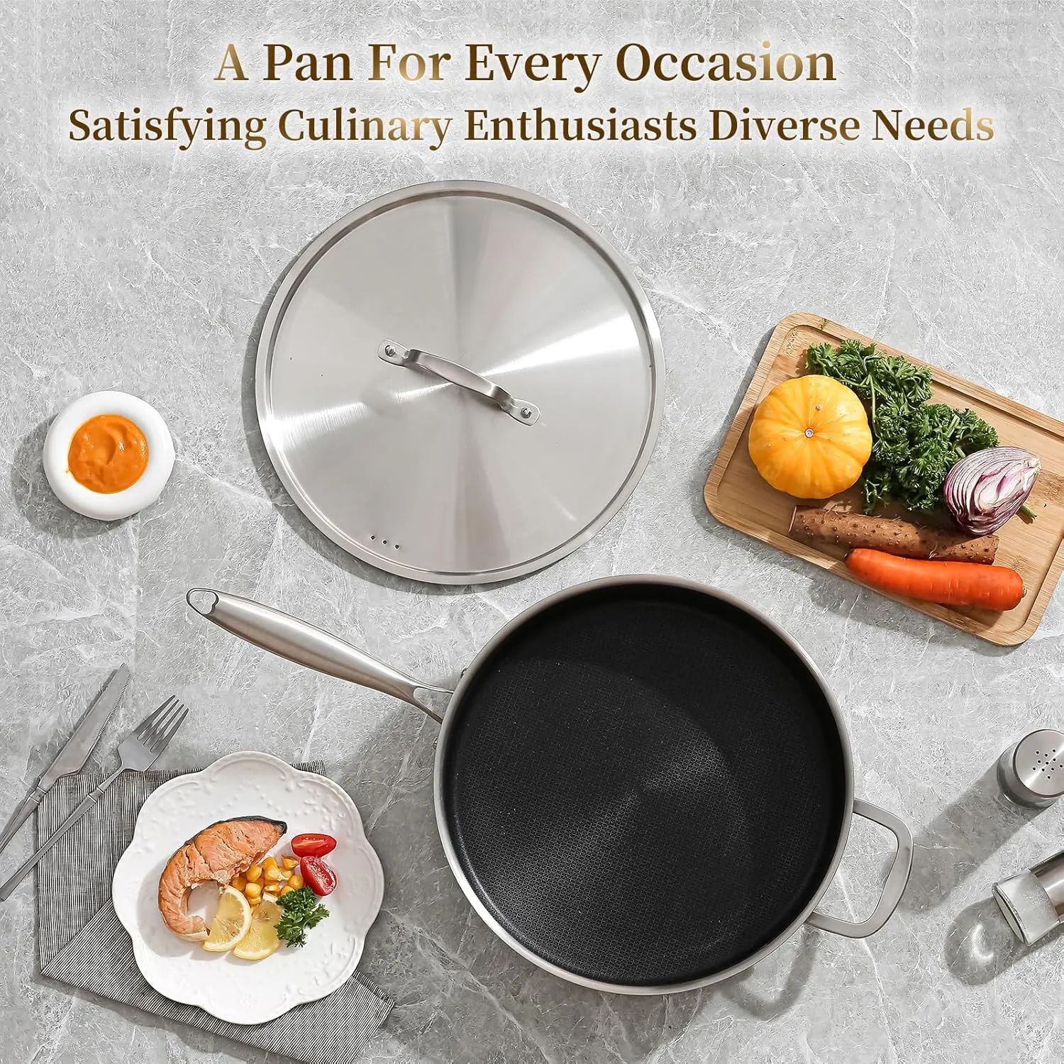 DELARLO 7 Quarts Saute Pan Tri-Ply Stainless Steel,Large Deep Frying Pan 12Inch with Lid, Jumbo Cooker Skillet With Lid,Heavy Duty Style Compatible With All Cooktops Up to 650℉