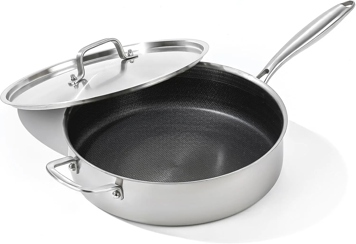 DELARLO 7 Quarts Saute Pan Tri-Ply Stainless Steel,Large Deep Frying Pan 12Inch with Lid, Jumbo Cooker Skillet With Lid,Heavy Duty Style Compatible With All Cooktops Up to 650℉