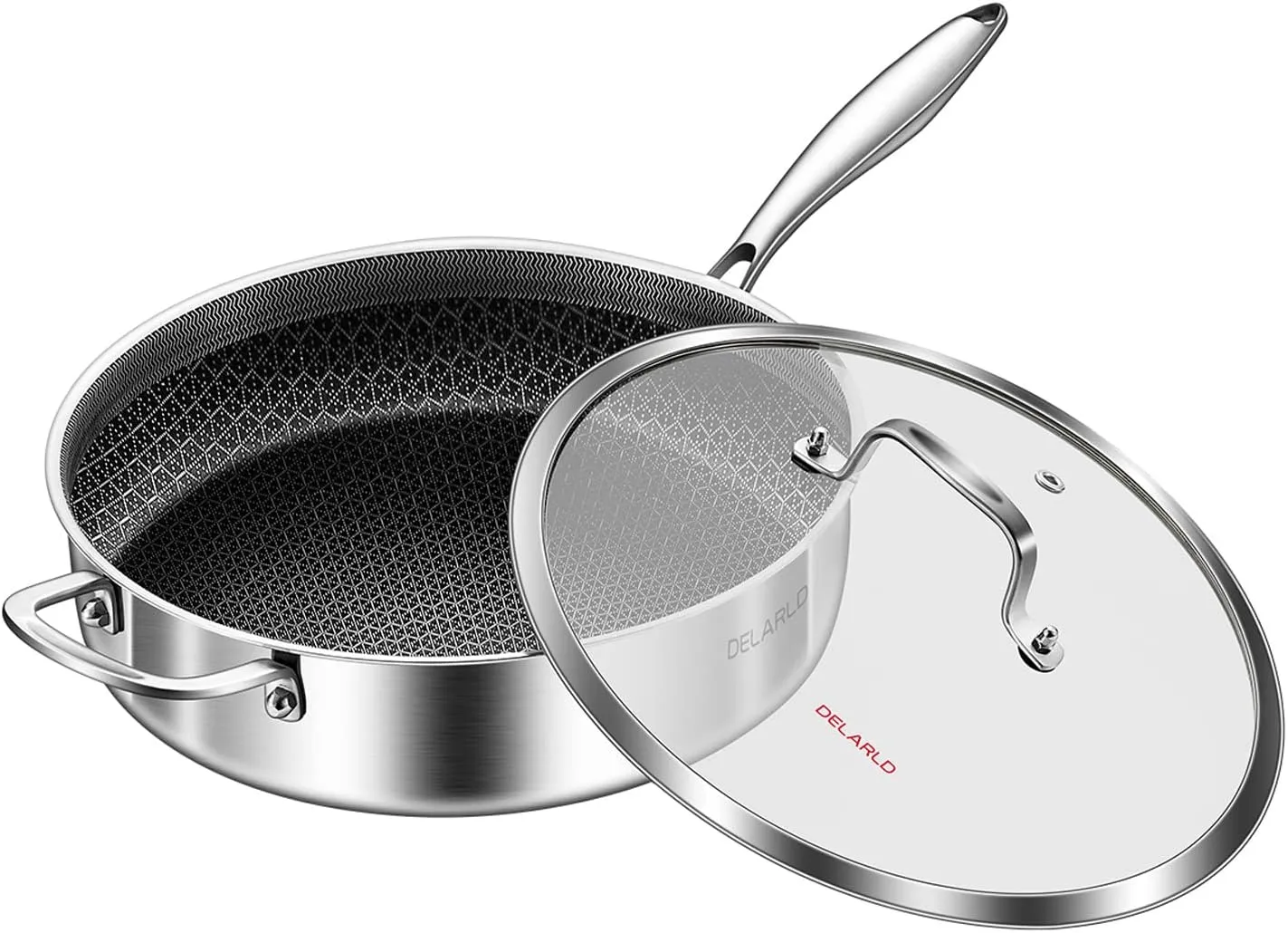 DELARLO Tri-Ply Stainless Steel 12 Inch Deep Frying Pan with lid 6QT Saute Pan Nonstick, Induction Compatible Chef Cooking Pan, Large Pan Dishwasher & Oven Safe