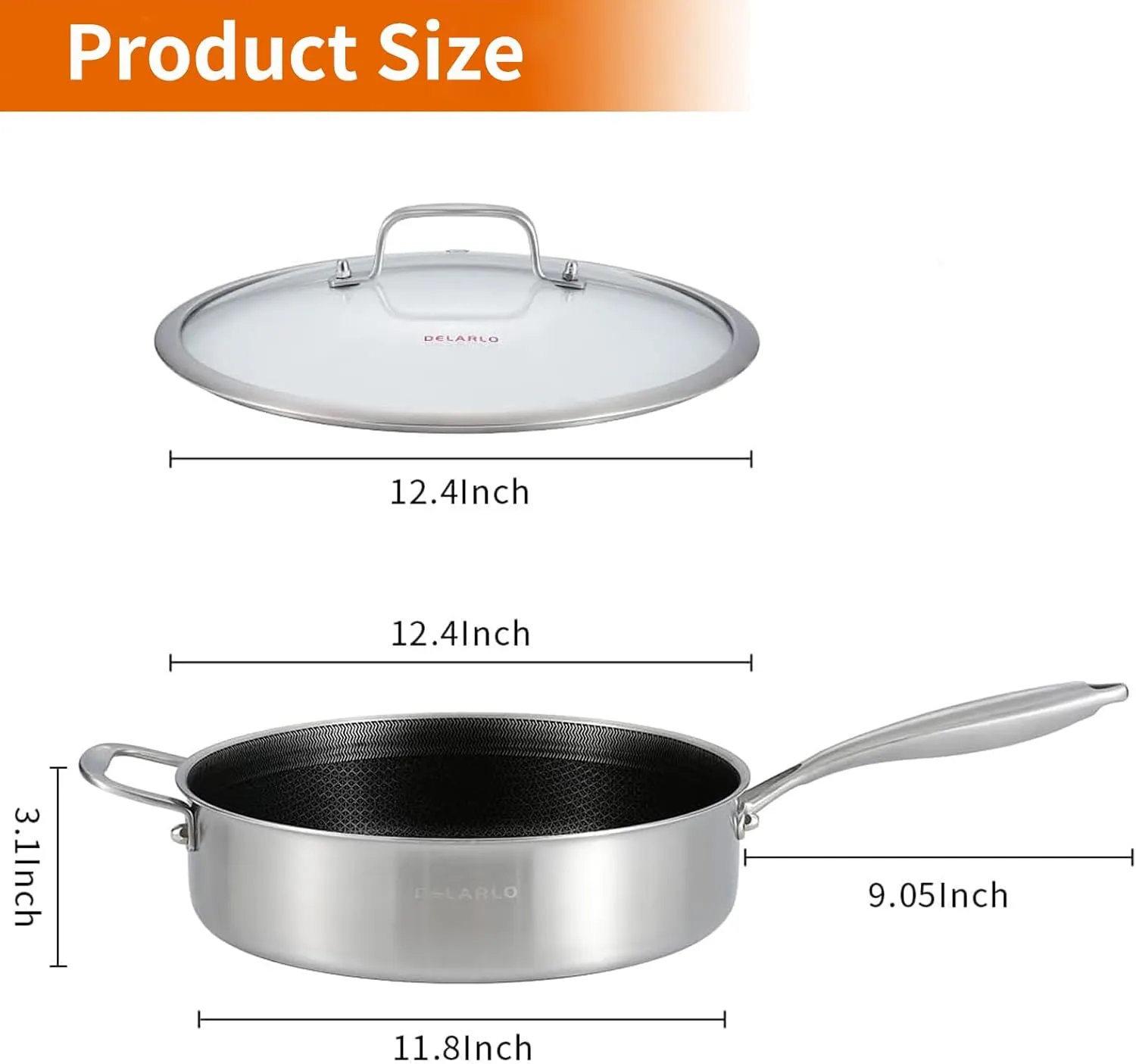 DELARLO Tri-Ply Stainless Steel 12 Inch Deep Frying Pan with lid 6QT Saute Pan Nonstick, Induction Compatible Chef Cooking Pan, Large Pan Dishwasher & Oven Safe