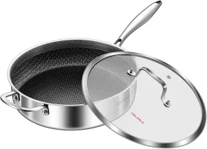 DELARLO Tri-Ply Stainless Steel 12 Inch Deep Frying Pan with lid 6QT Saute Pan Nonstick, Induction Compatible Chef Cooking Pan, Large Pan Dishwasher & Oven Safe