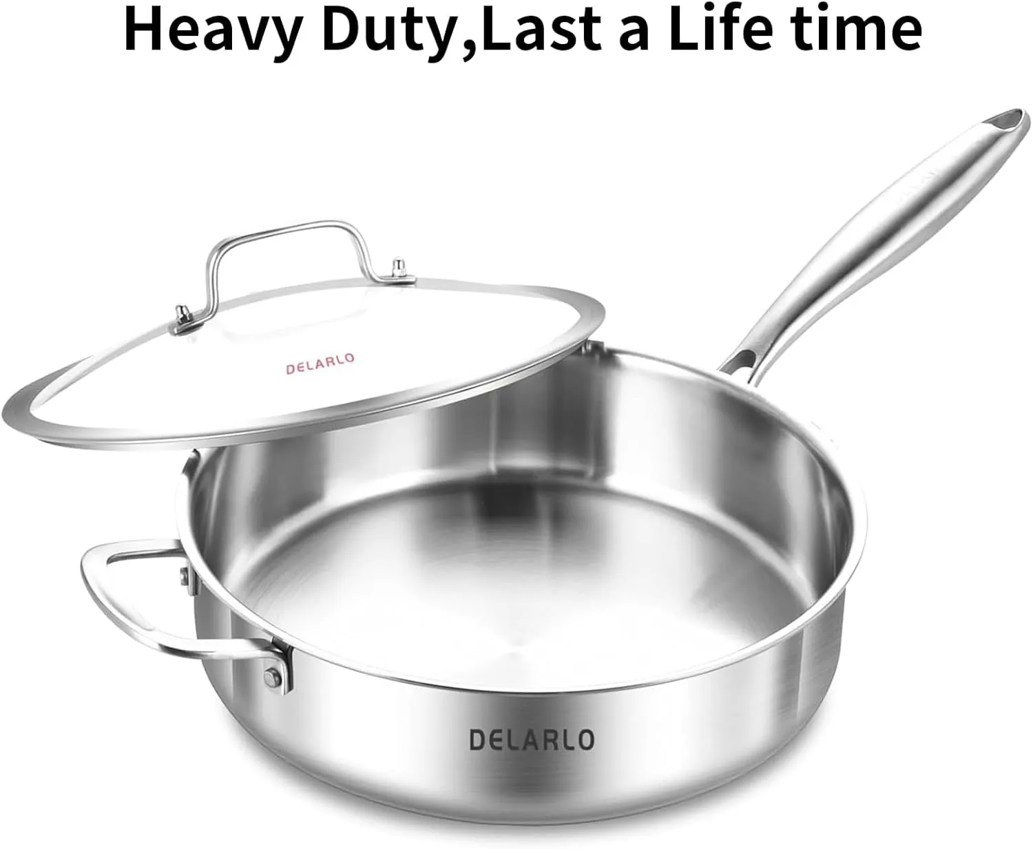 DELARLO Tri-Ply Stainless Steel 7QT Jumbo Cooker Saute Pan With Lid, 12.5 Inch Deep Frying Pan, Induction Large Skillet, Cooker Pan for Chefs, Dishwasher & Oven Safe