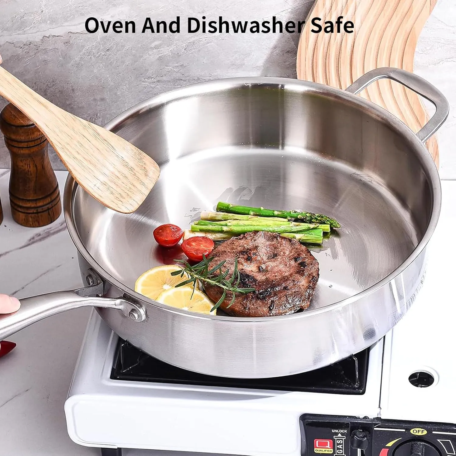 DELARLO Tri-Ply Stainless Steel 7QT Jumbo Cooker Saute Pan With Lid, 12.5 Inch Deep Frying Pan, Induction Large Skillet, Cooker Pan for Chefs, Dishwasher & Oven Safe