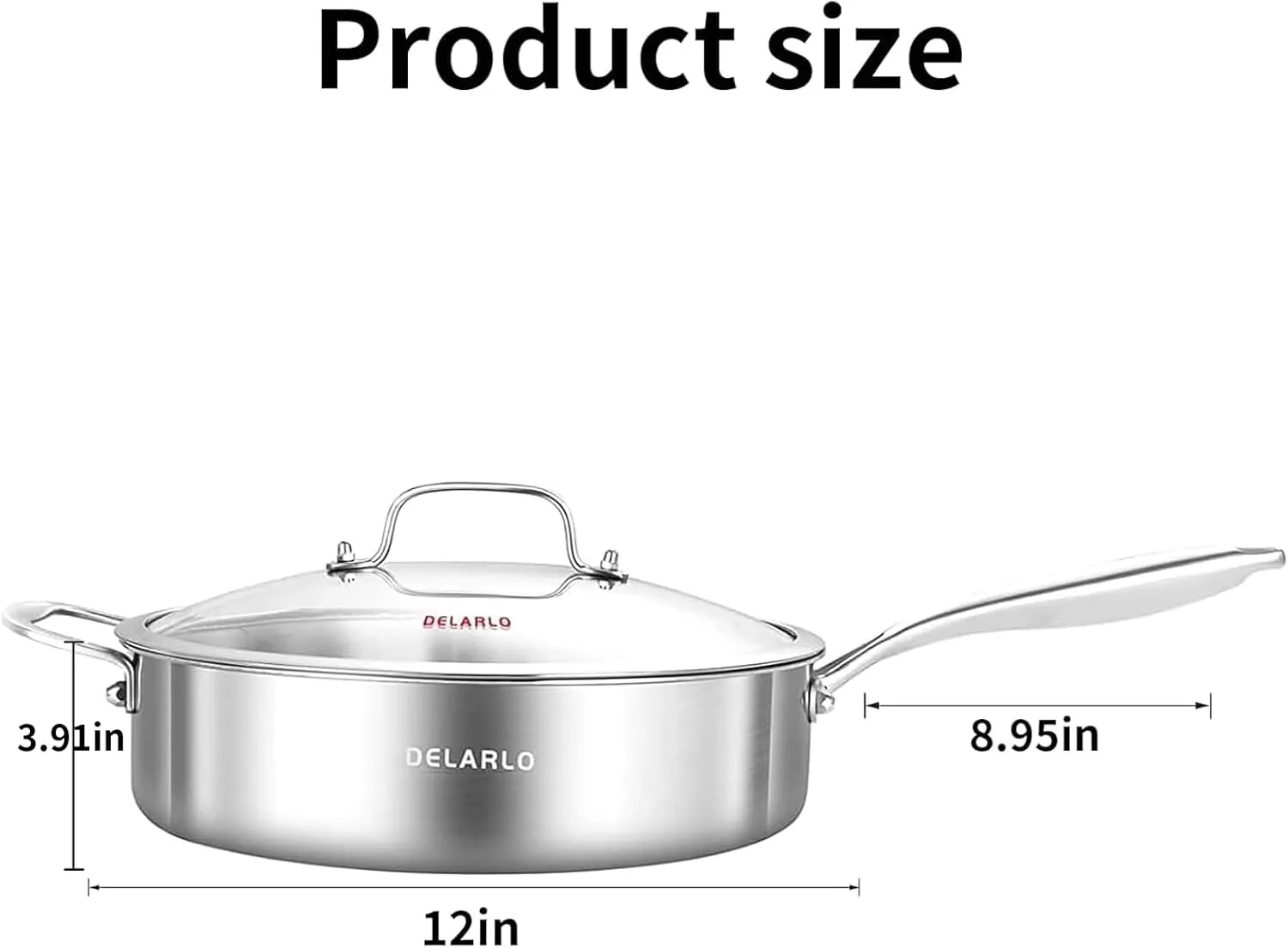DELARLO Tri-Ply Stainless Steel 7QT Jumbo Cooker Saute Pan With Lid, 12.5 Inch Deep Frying Pan, Induction Large Skillet, Cooker Pan for Chefs, Dishwasher & Oven Safe