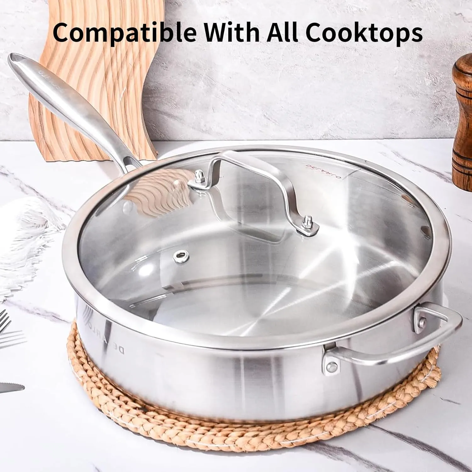 DELARLO Tri-Ply Stainless Steel 7QT Jumbo Cooker Saute Pan With Lid, 12.5 Inch Deep Frying Pan, Induction Large Skillet, Cooker Pan for Chefs, Dishwasher & Oven Safe
