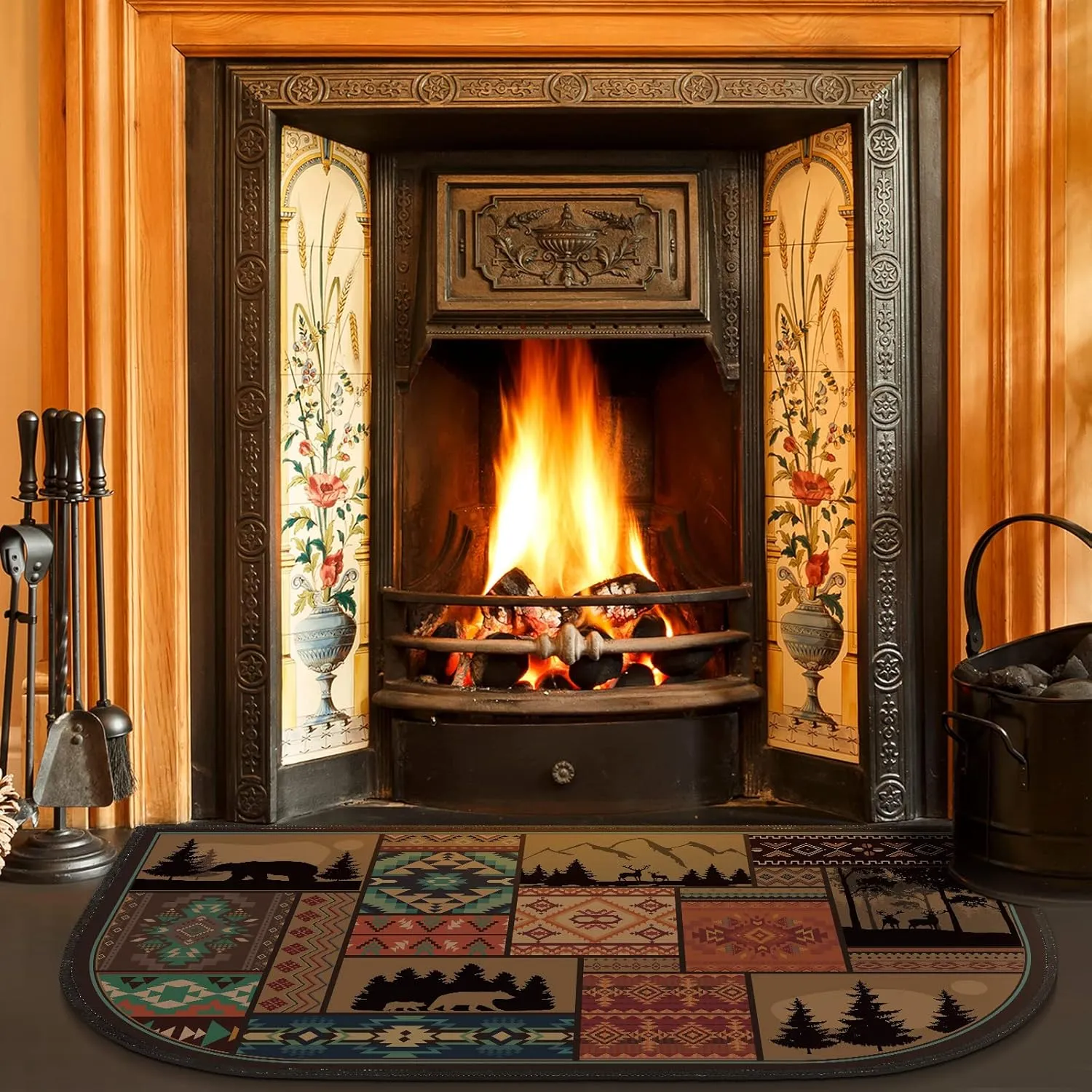 Demissle Fireplace Hearth Rug Fireplace Mats Cabin Southwestern Fireproof Fire Resistant Rug for Wood Stove Floor for Kitchen Indoor Outdoor(24 x 36 Inch,Classic)