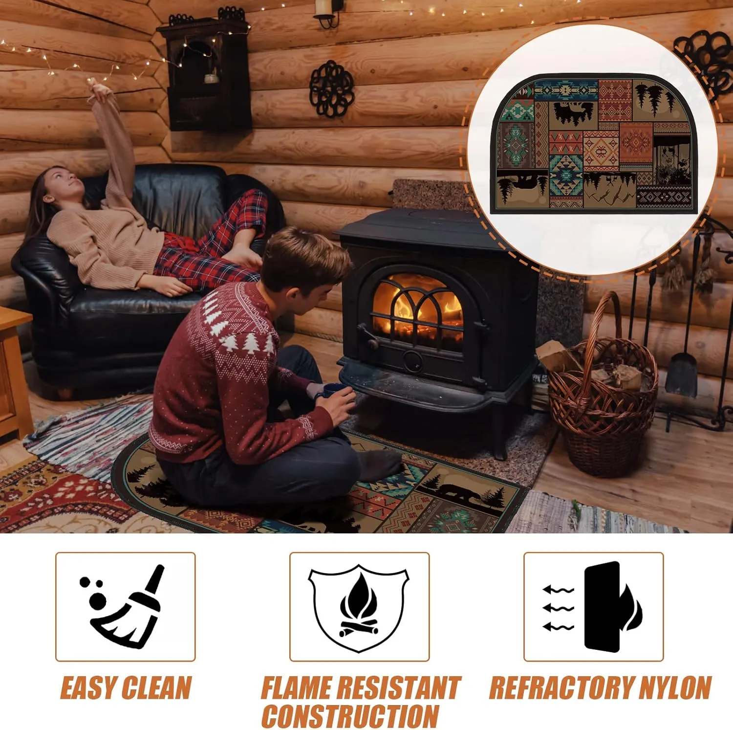 Demissle Fireplace Hearth Rug Fireplace Mats Cabin Southwestern Fireproof Fire Resistant Rug for Wood Stove Floor for Kitchen Indoor Outdoor(24 x 36 Inch,Classic)