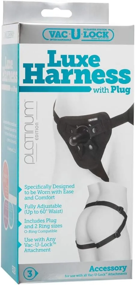 Doc Johnson Vac-U-Lock Platinum - Luxe Harness with Vac-U-Lock Plug and 3 Different Sized O-Rings - Compatible with O-Ring and Vac-U-Lock Dildos - Accommodates Up-To 69" Waist