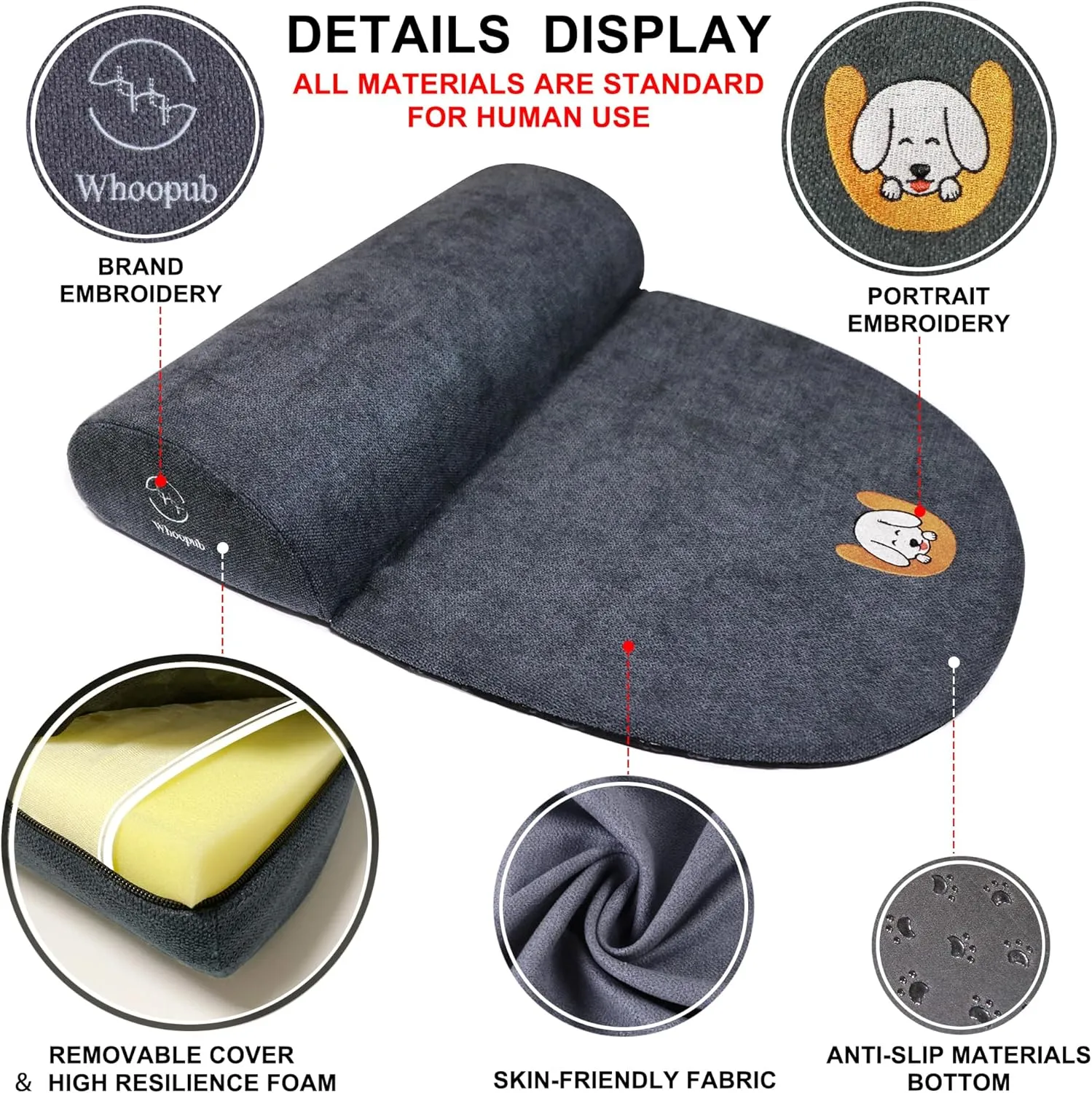 Dog Bolster Pillow for Large Dogs, Benefit for Cervical Vertebra and Neck, Easy to Carry When Traveling, with High Resilience Foam, Machine Washable Cover＆Easy to Clean (Dark Gray, Large)