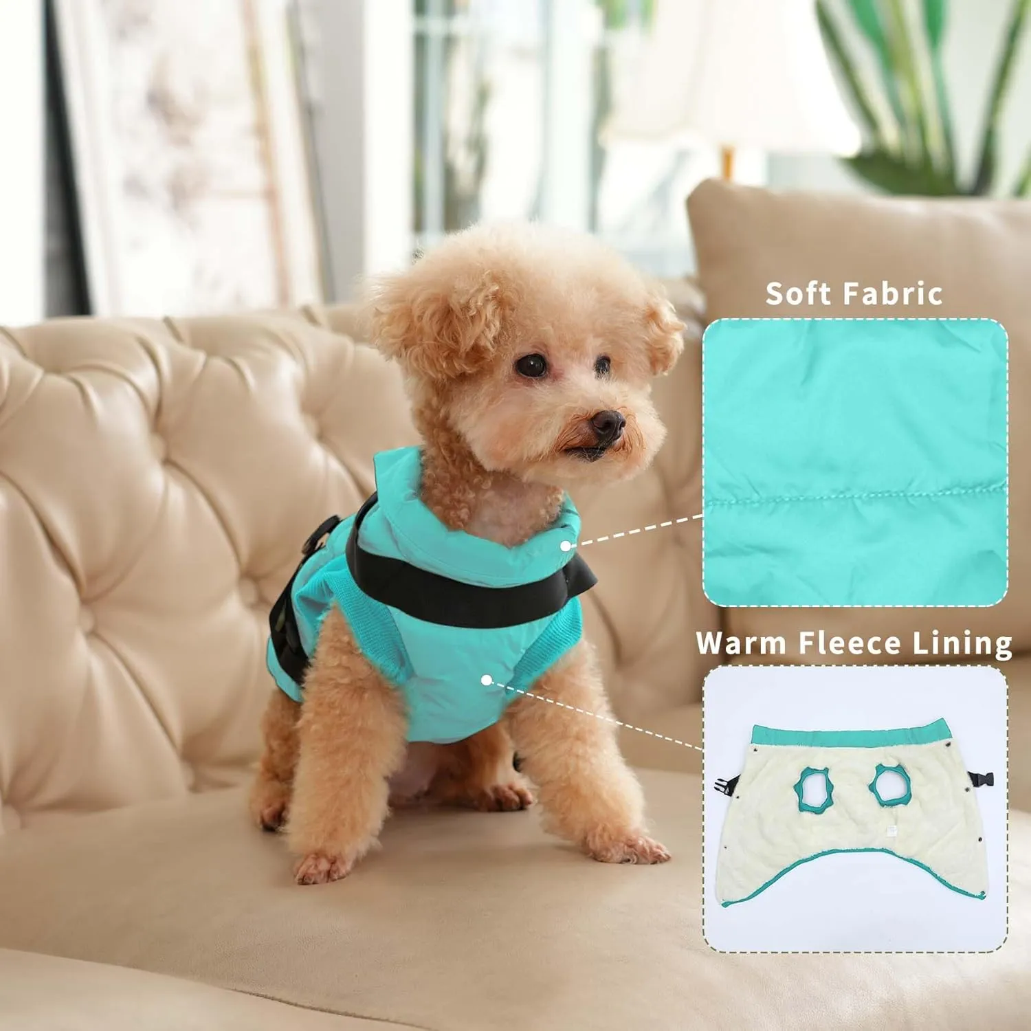 Dog Jacket with Harness,Fleece Lined Warm Puppy Coat for Winter,Soft Windproof Medium Dog Vest,Bluegreen L
