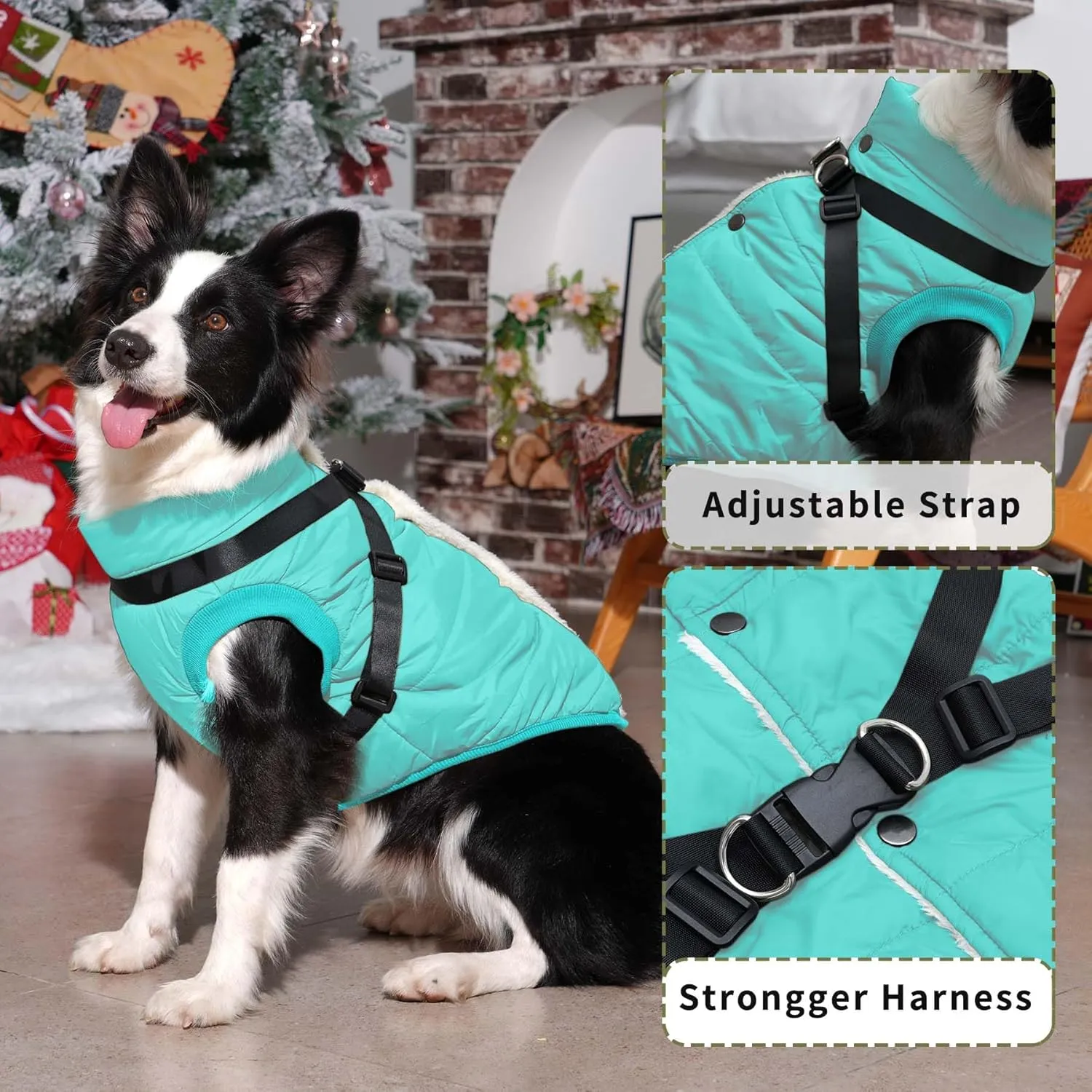 Dog Jacket with Harness,Fleece Lined Warm Puppy Coat for Winter,Soft Windproof Medium Dog Vest,Bluegreen L