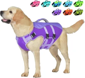 Dog Life Jacket, Reflective Dog Harness Life Vest with Rescue Handle for Swimming Boating, Adjustable High Buoyancy Flotation Swim Vest for Small Meium Large Dogs - Purple, XS