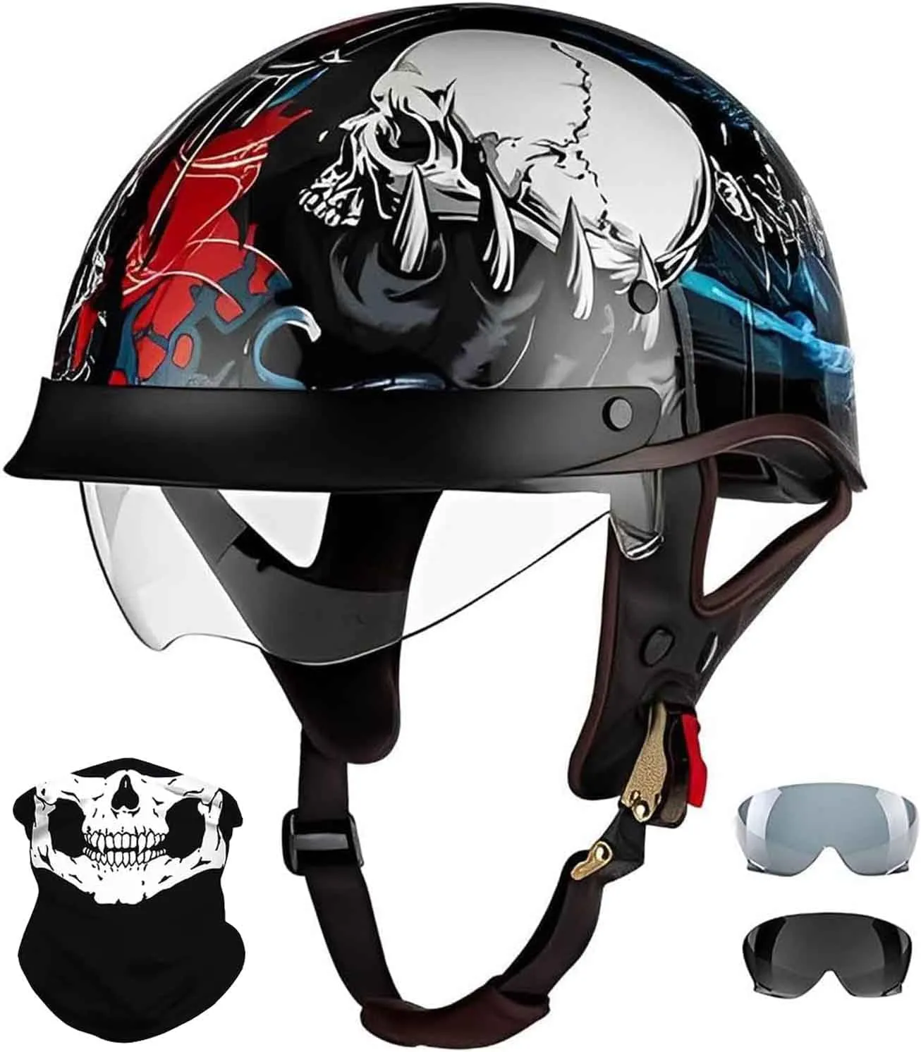 DOT Approved Retro Motorcycle Half Helmets, Thin Cap Half Helmet for Adult Men Women with Visor, Half Helmet Braincap for Bike Cruiser Chopper Moped Scooter Open Face Helmet
