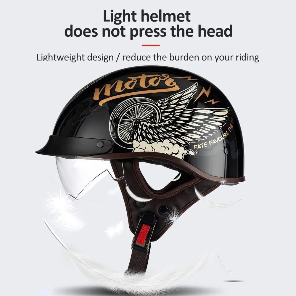 DOT Approved Retro Motorcycle Half Helmets, Thin Cap Half Helmet for Adult Men Women with Visor, Half Helmet Braincap for Bike Cruiser Chopper Moped Scooter Open Face Helmet