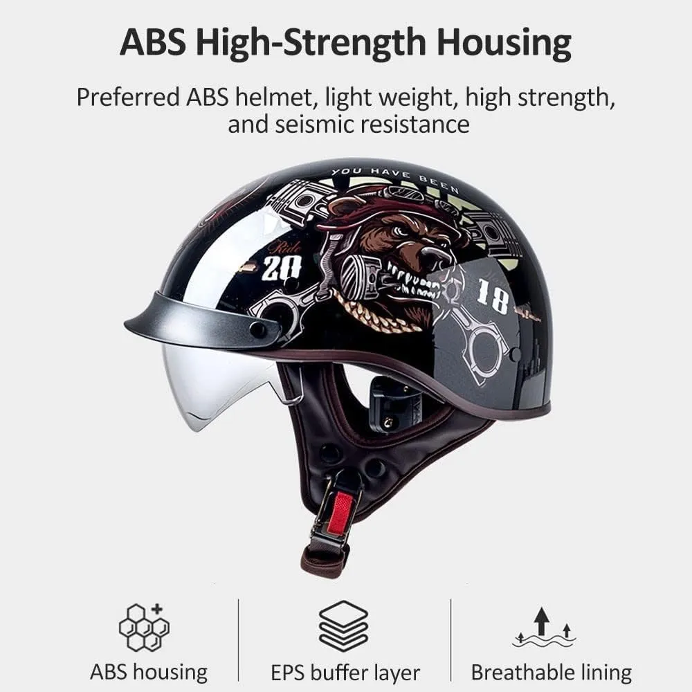 DOT Approved Retro Motorcycle Half Helmets, Thin Cap Half Helmet for Adult Men Women with Visor, Half Helmet Braincap for Bike Cruiser Chopper Moped Scooter Open Face Helmet