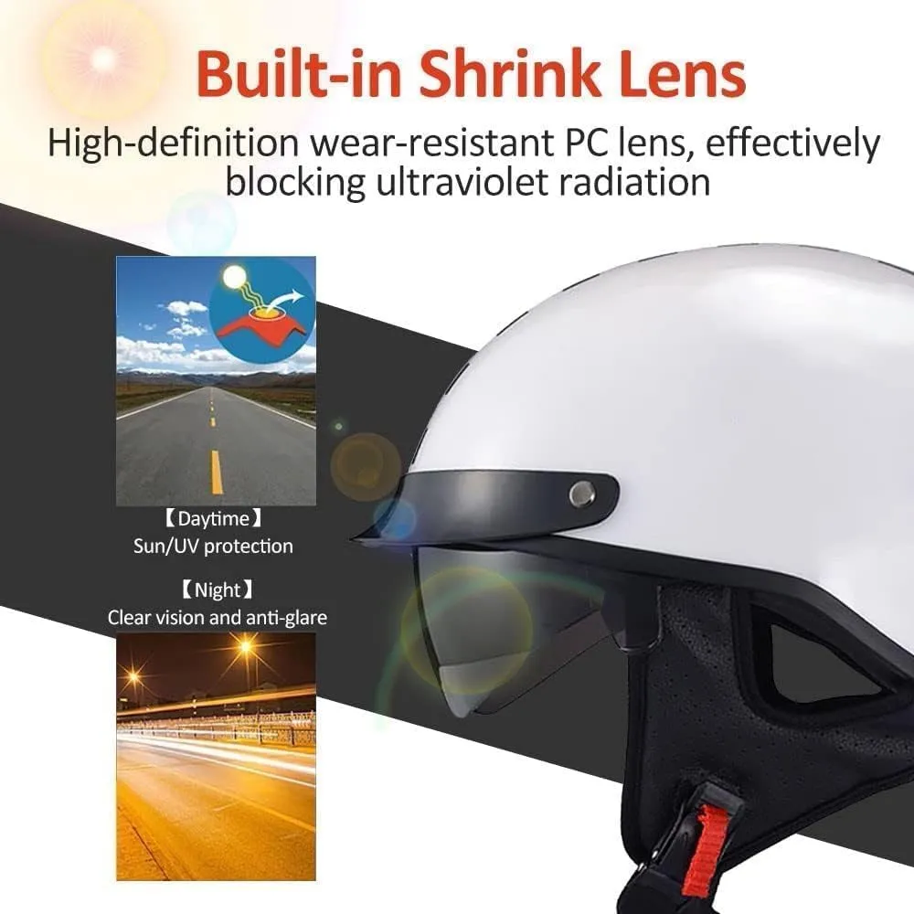 DOT Approved Retro Motorcycle Half Helmets, Thin Cap Half Helmet for Adult Men Women with Visor, Half Helmet Braincap for Bike Cruiser Chopper Moped Scooter Open Face Helmet