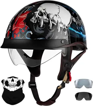 DOT Approved Retro Motorcycle Half Helmets, Thin Cap Half Helmet for Adult Men Women with Visor, Half Helmet Braincap for Bike Cruiser Chopper Moped Scooter Open Face Helmet