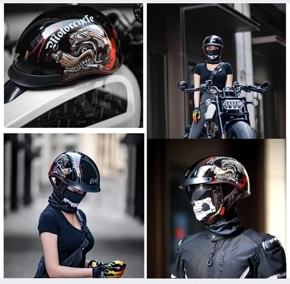 DOT Approved Retro Motorcycle Half Helmets, Thin Cap Half Helmet for Adult Men Women with Visor, Half Helmet Braincap for Bike Cruiser Chopper Moped Scooter Open Face Helmet